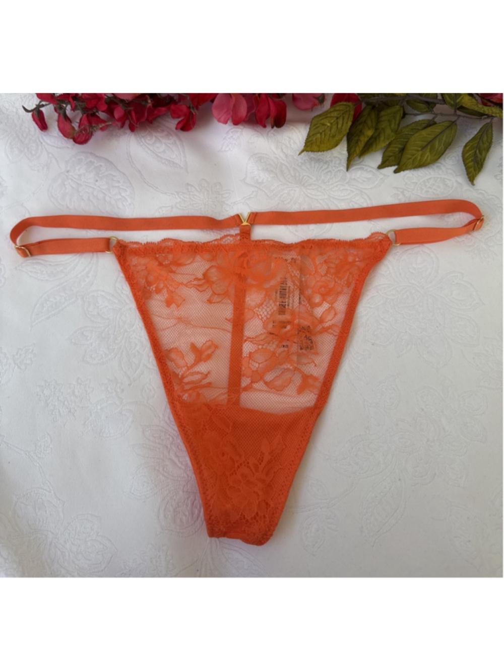 VICTORIA'S SECRET XL ORANGE LACE STRAPPY V STRING THONG ADJ SIDE PANTIES NWT